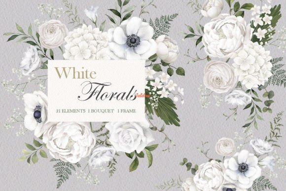 White Green Floral Clipart Set Illustration