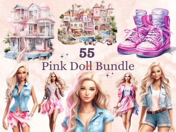 55 Watercolor Pink Doll Barbie Fashion Clipart