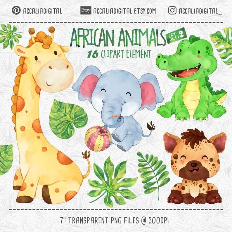 African Animals Safari Watercolor Illustration Set 2