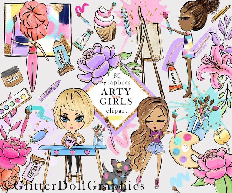 Artist Girls Watercolor Clipart Sublimation