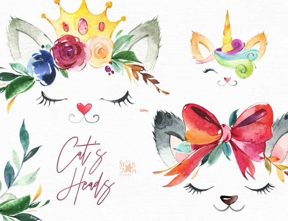 Floral Cats Heads Watercolor Clipart