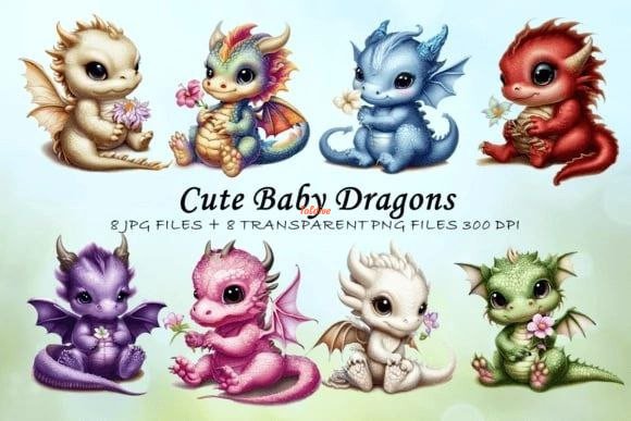 Cute Baby Dragons Watercolor Clipart