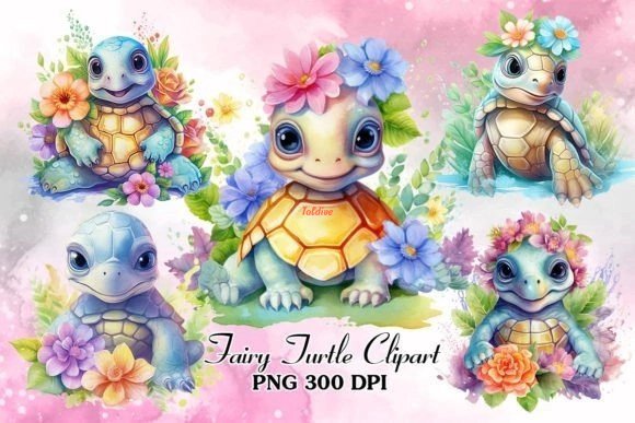 Fairy Turtle Flower Watercolor Clipart