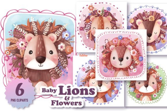 Lion and flowers Watercolor Clipart