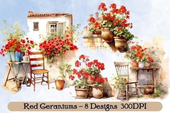 Red Geranium Watercolor Clipart Pretty