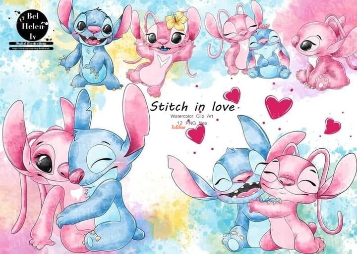 Stitch in Love Watercolor Clipart Set