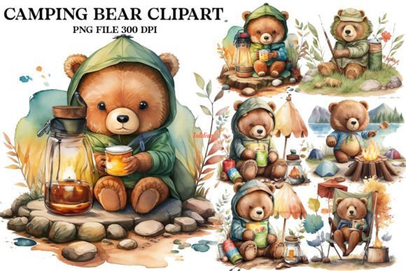 Teddy bear camping Watercolor Clipart