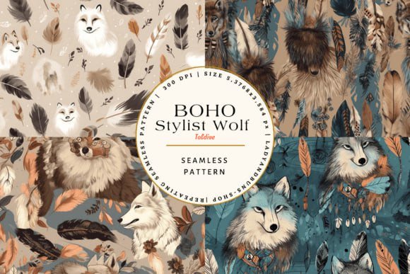 Boho stylist wolf papers and clipart