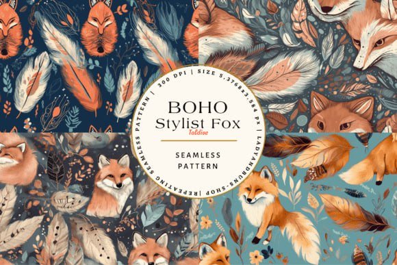 Boho style fox Papers and Patterns