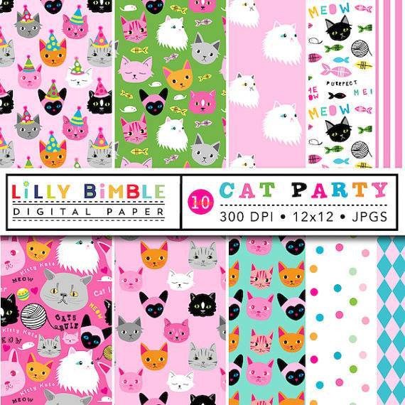 Cat Party Digital Paper Patterns