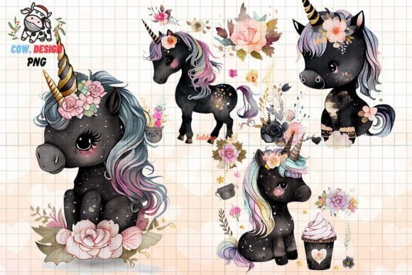 Cute Black Unicorn Clipart Pack