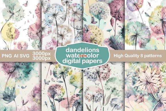 Watercolor dande-lions digital papers set