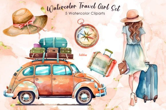 Watercolor Travel & Roadtrip Girl Clipart