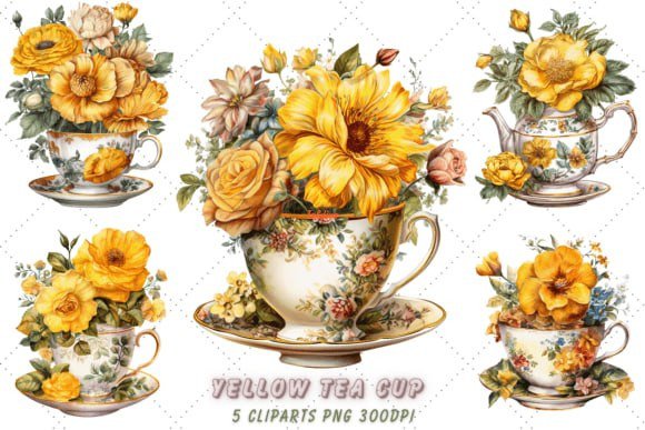 Yellow Flower Teacup Watercolor Clipart