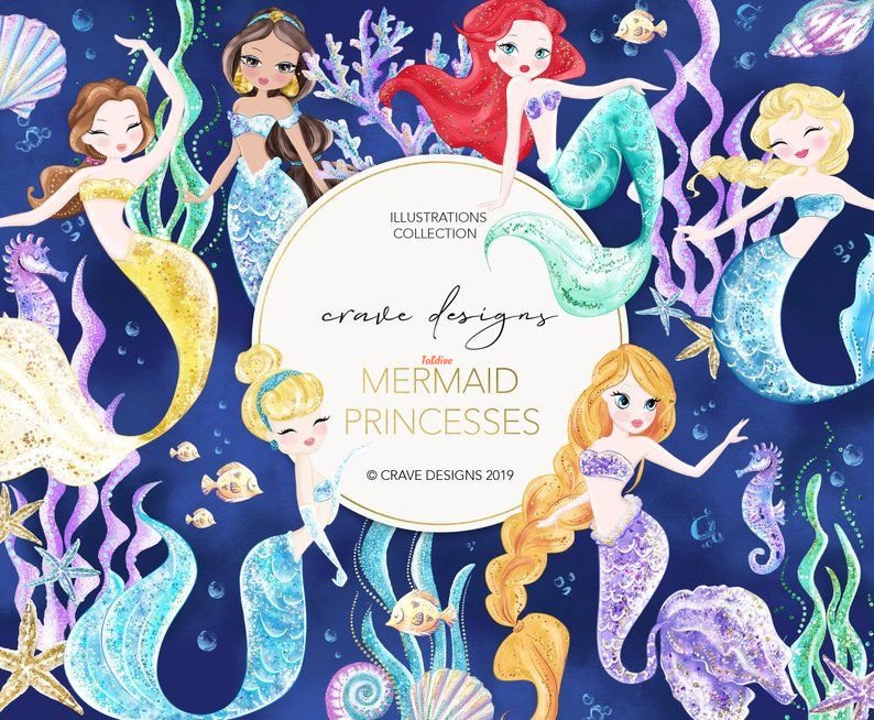 Princess sirenas Watercolor Clipart Sublimation