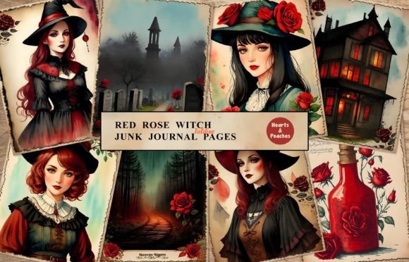 Red Rose Halloween Witch Watercolor Clipart