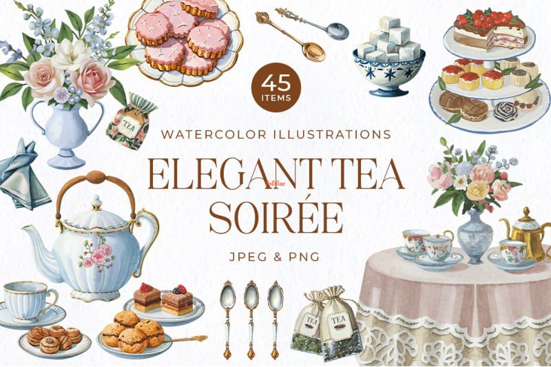 Elegant Tea Soiree Watercolor Clipart