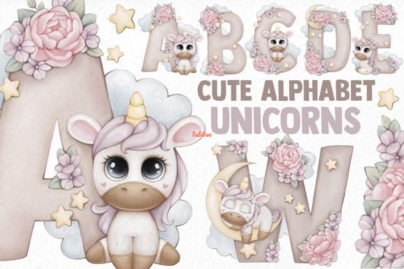 Cute Unicorn Floral Alphabet Clipart