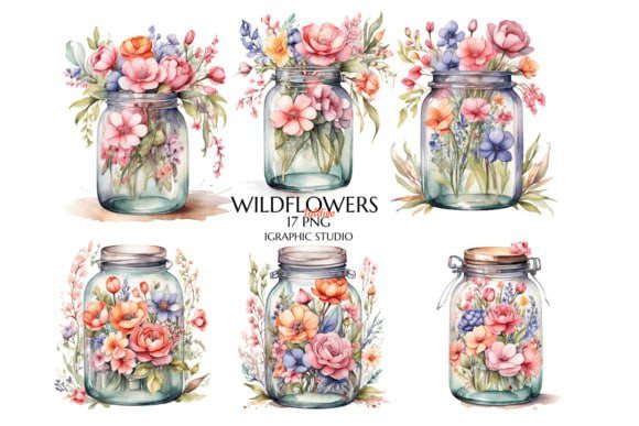 Watercolor Flowers in Jar Clipart