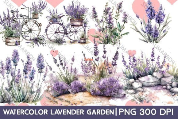 Watercolor Lavender Garden Clipart Bundle