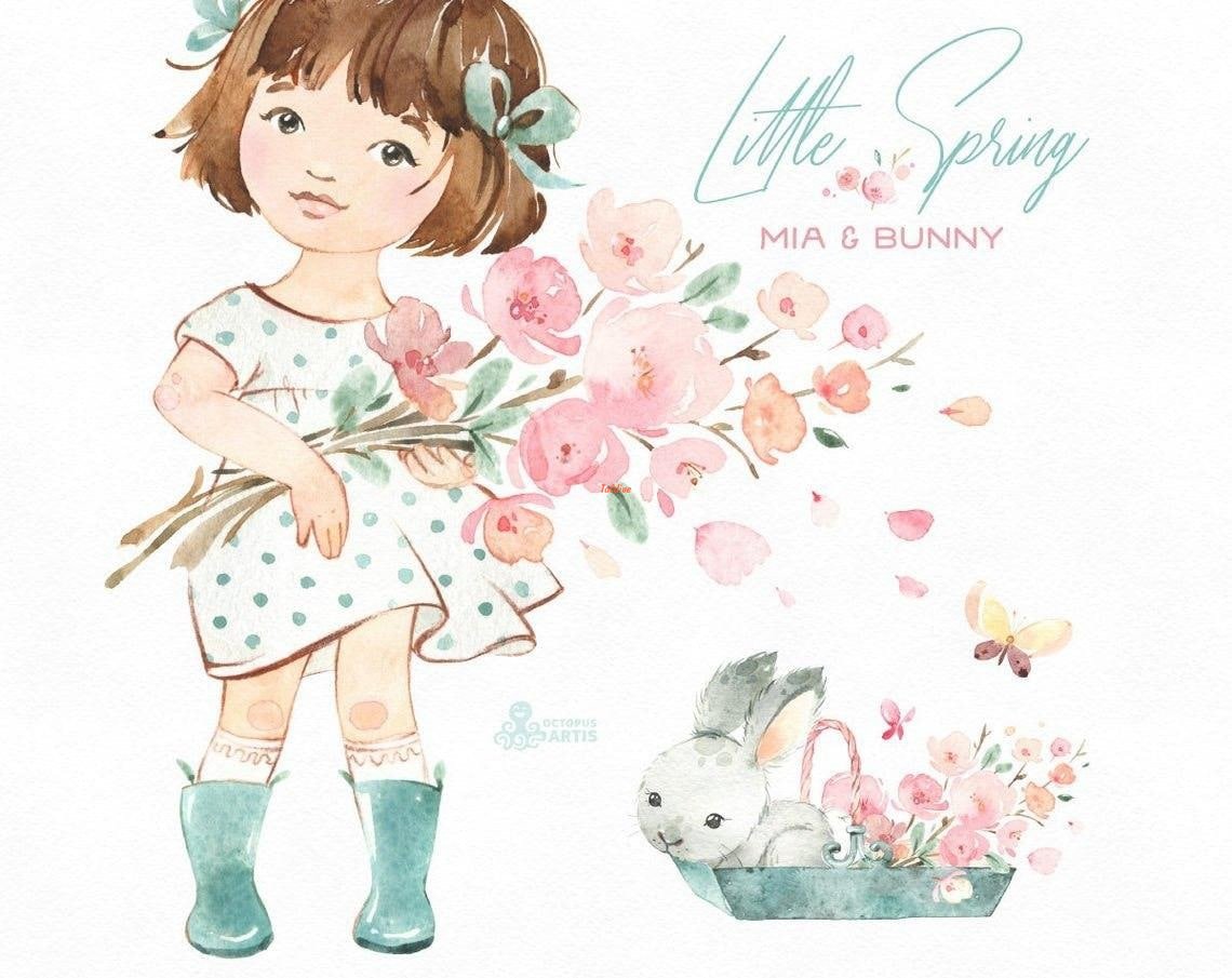 Little spring - Mia and bunny watercolor illustration