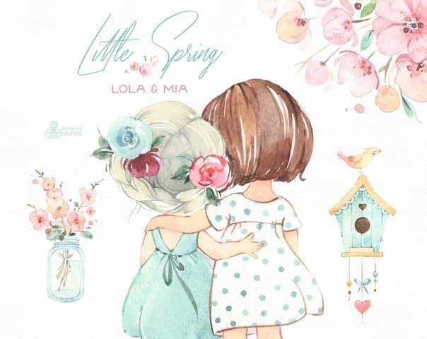 Little spring Lola and Mia watercolor illustration