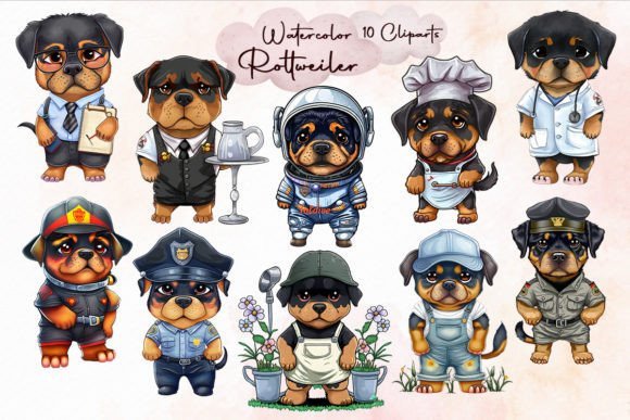 Watercolor Rottweiler Puppies Clipart Set