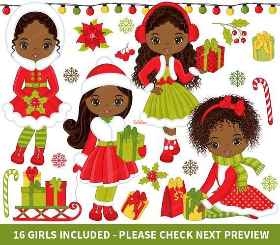 16 Afro Christmas Girls Clipart