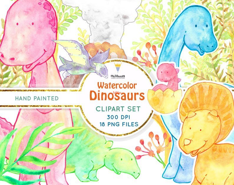 Watercolor Dinosaurs clipart set