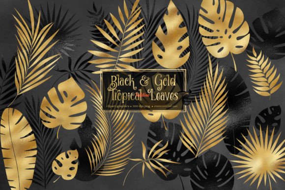 Black and Gold Tropical Leaf Clipart