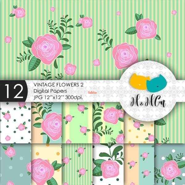 Vintage flowers printable digital papers 2