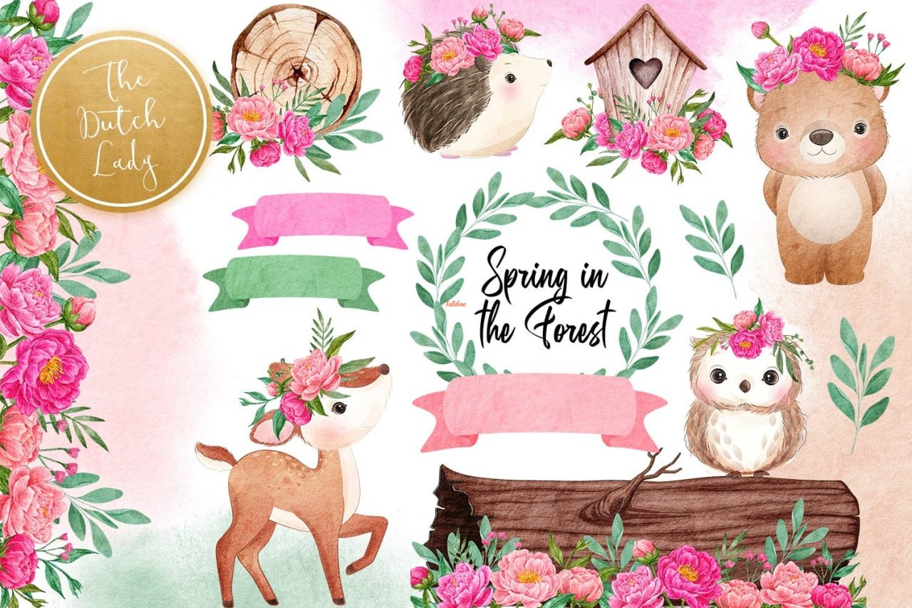 Spring In The Forest Watercolor Clipart Set