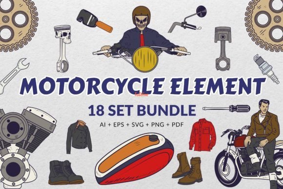 18 Set Bundle Motorcycle Vintage Clipart