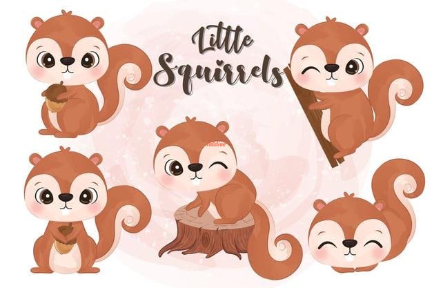 Adorable little squirrels illustration set in watercolor