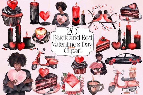 Black and Red Valentines Day Watercolor Illustration