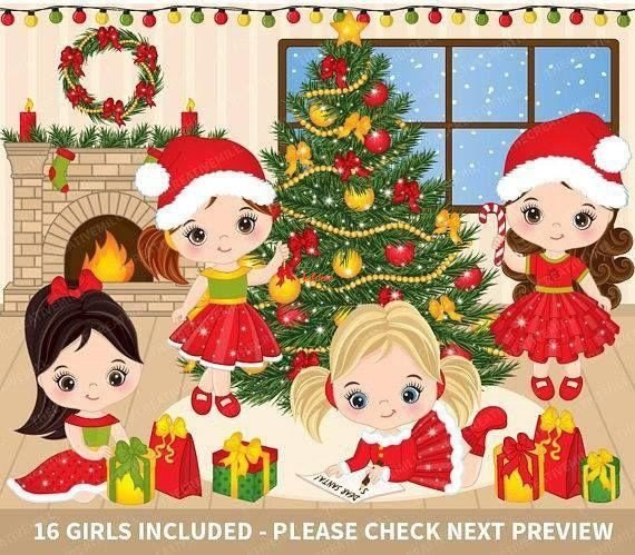 Chirstmas little girls Watercolor Illustration Set