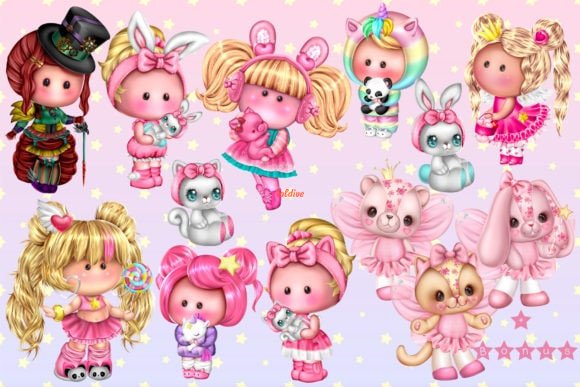 Cute little dolls Clipart Illustration set mega bundle