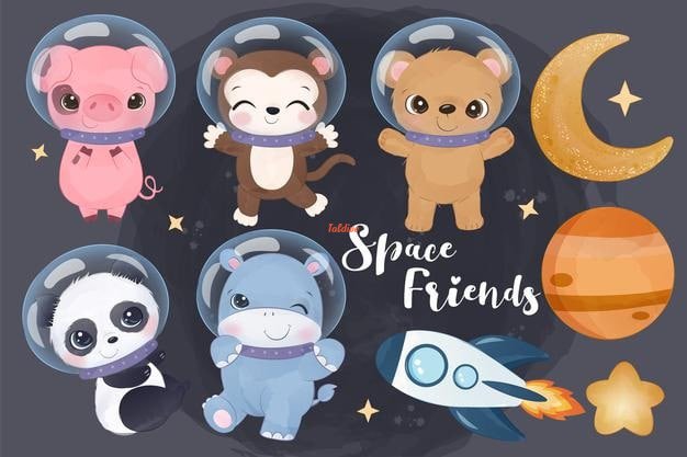 Cute space animals in watercolor illustration set