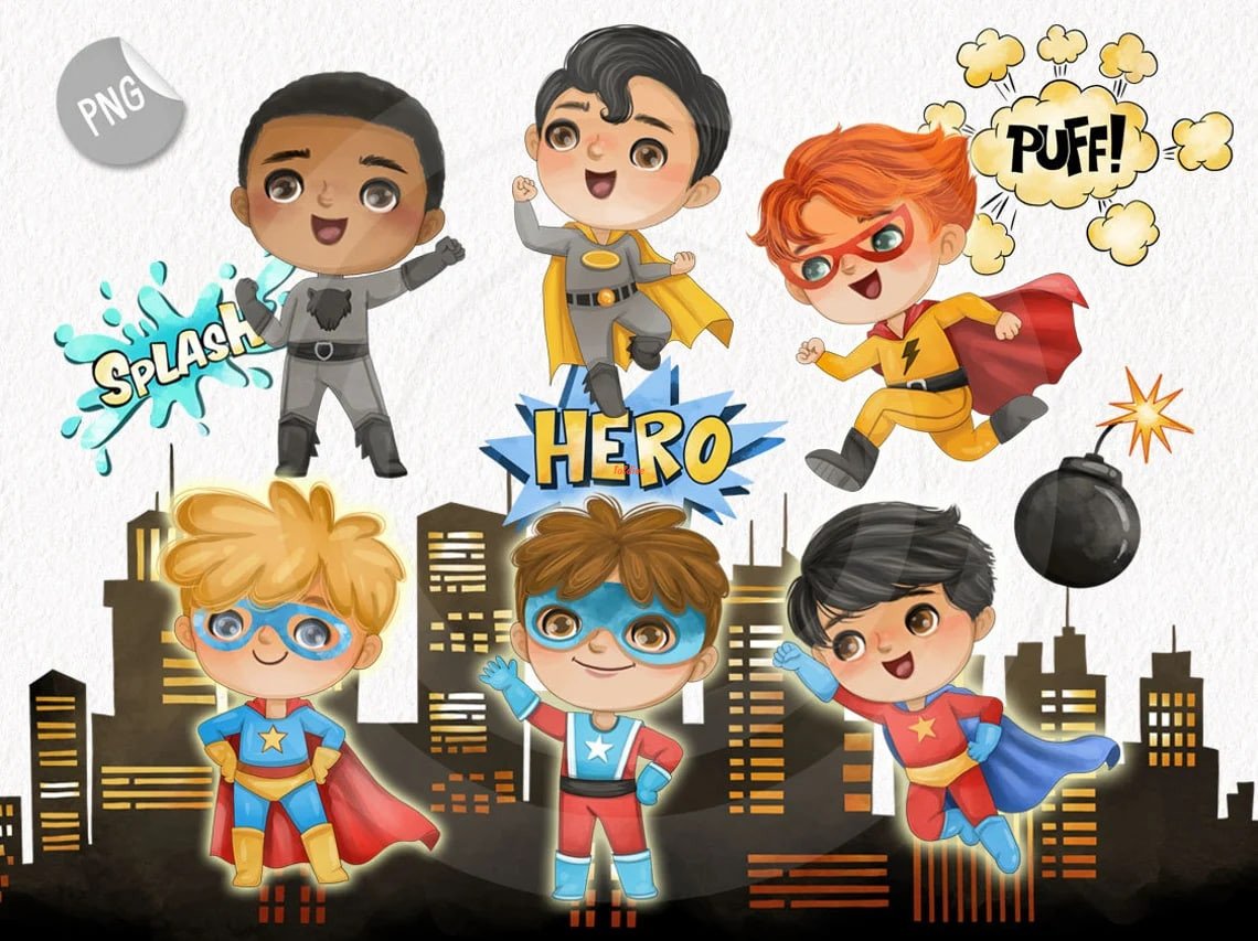 Cute Superhero Boys Clipart PNG set