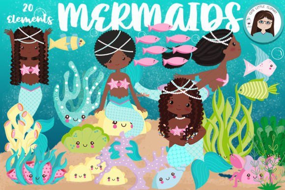 Mermaid black skin clipart Set