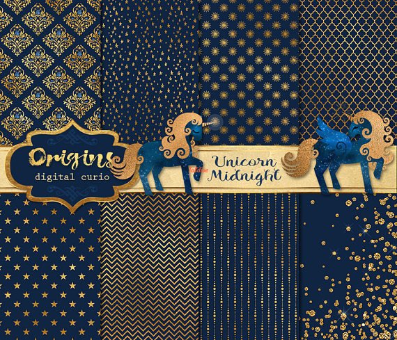 Unicorn Midnight Gold Seamless Pattern Papers