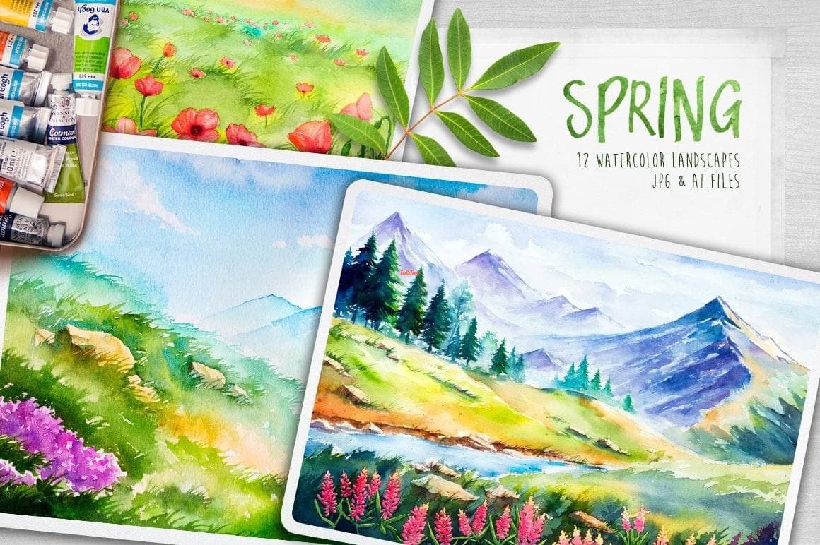 Spring Landscapes Watercolor illustration Set