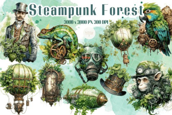 Steampunk Forest Watercolor Clipart Set