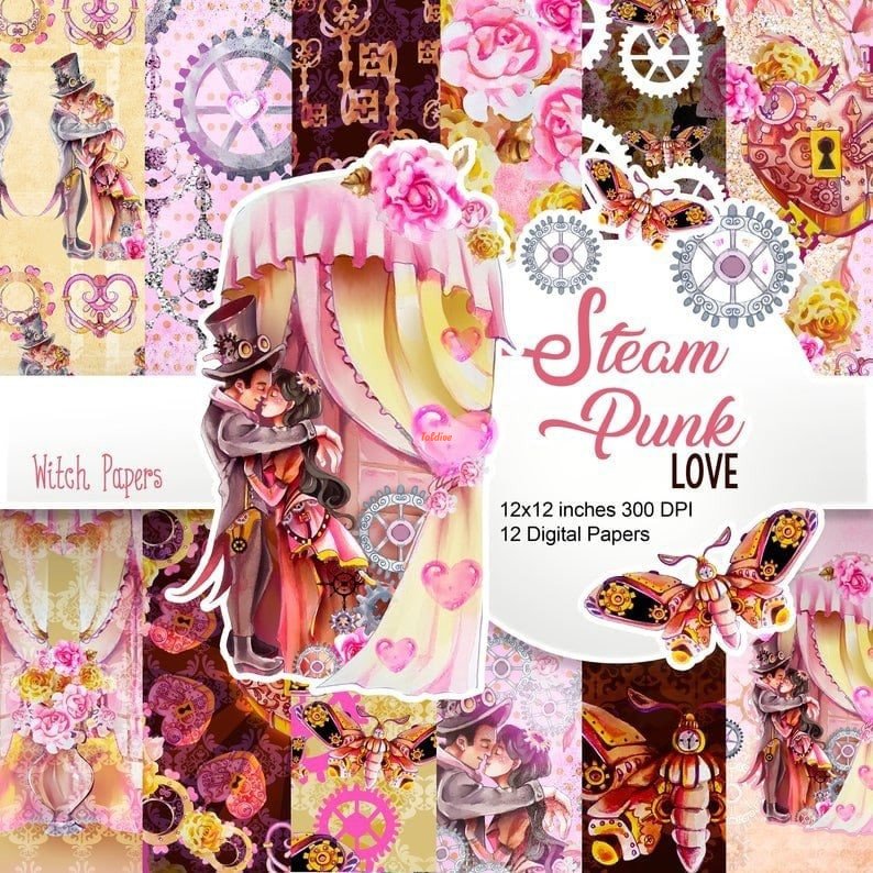 Steam punk Love Digital Papers Set 2