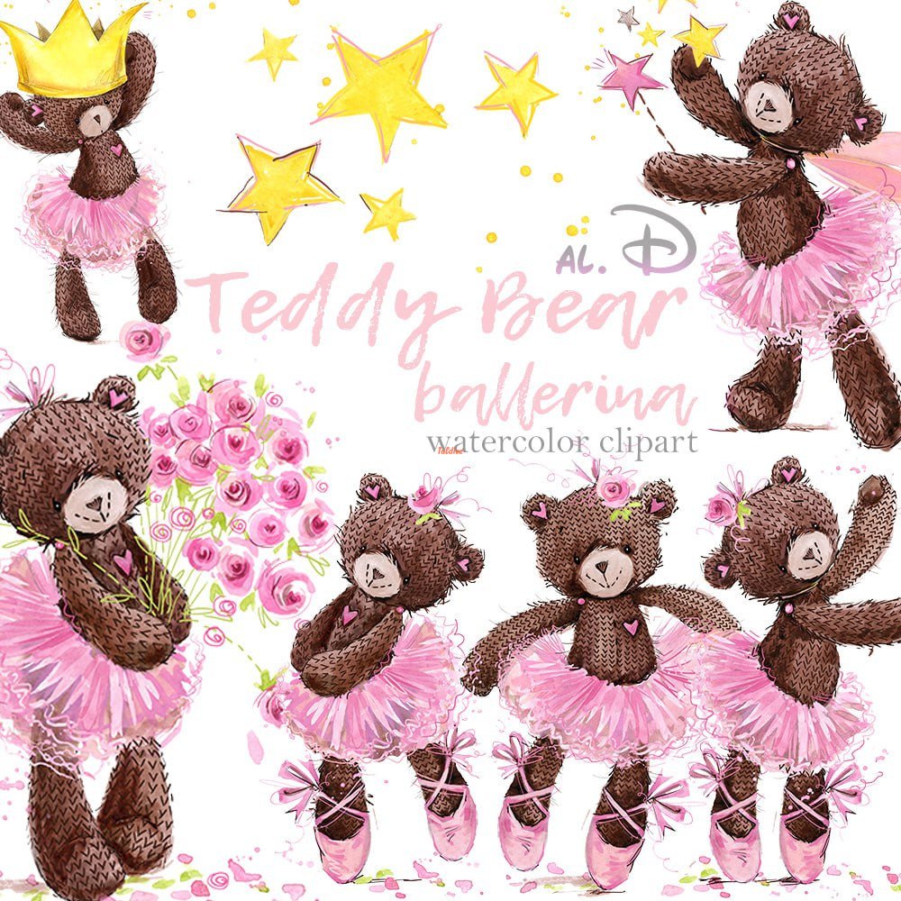 Teddy Bear ballerina Watercolor Illustration Bundle