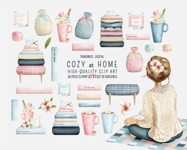 Cozy at home watercolor clipart collection