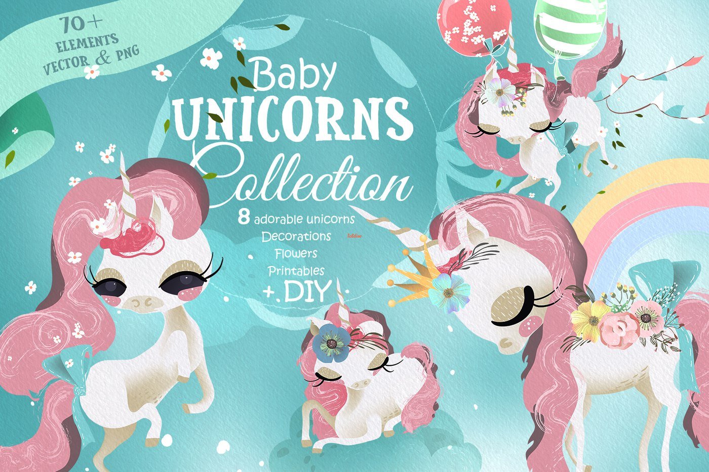 Baby Unicorn Watercolor Clipart Collection