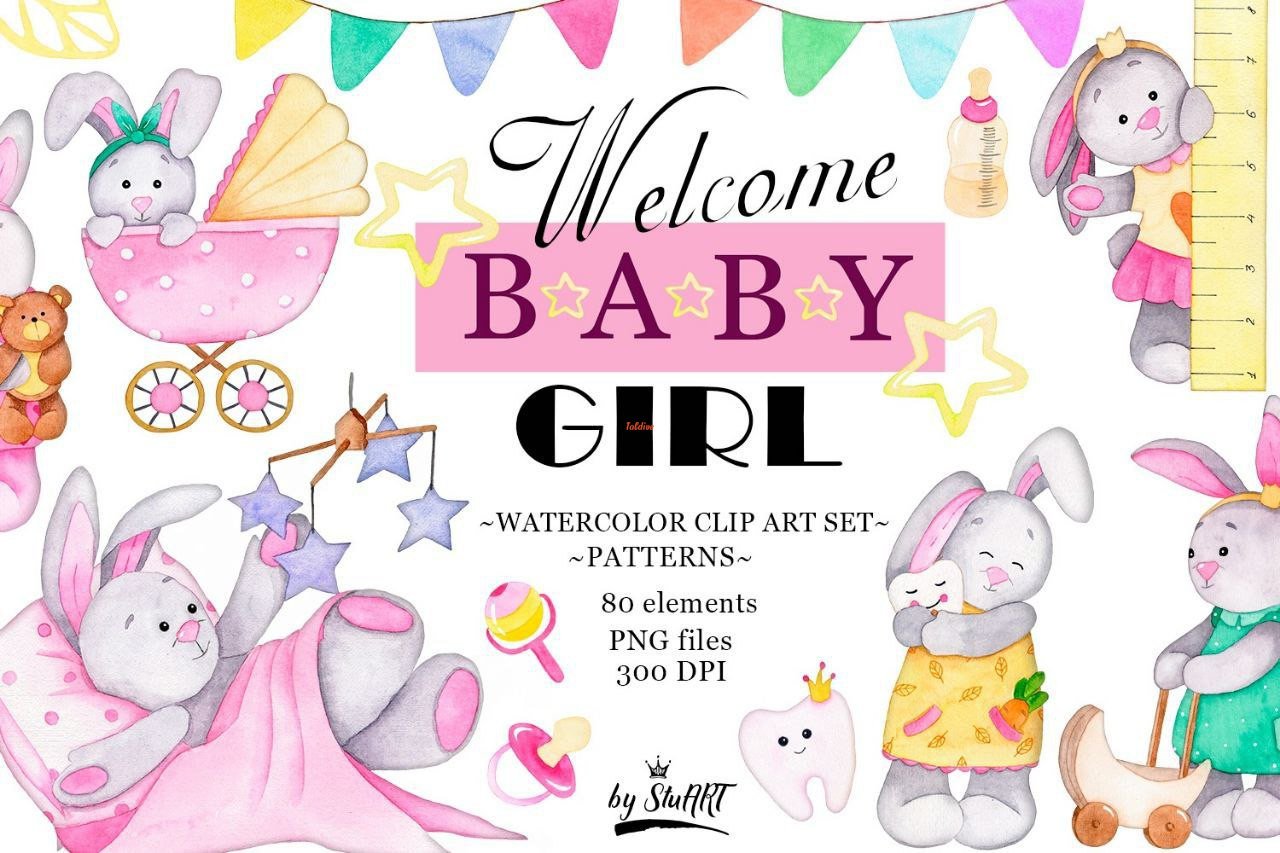 Baby Girl Party Watercolor Clipart