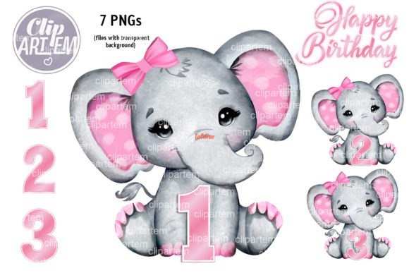 Cute Girl Elephant Birthday Clipart Bundle