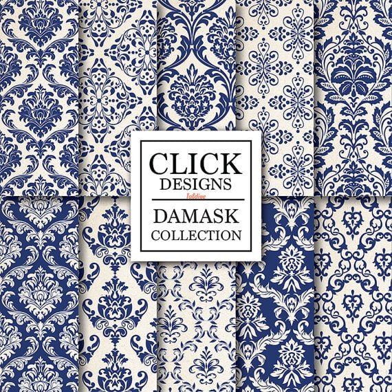 Damask Navy Blue Printable Paper pack